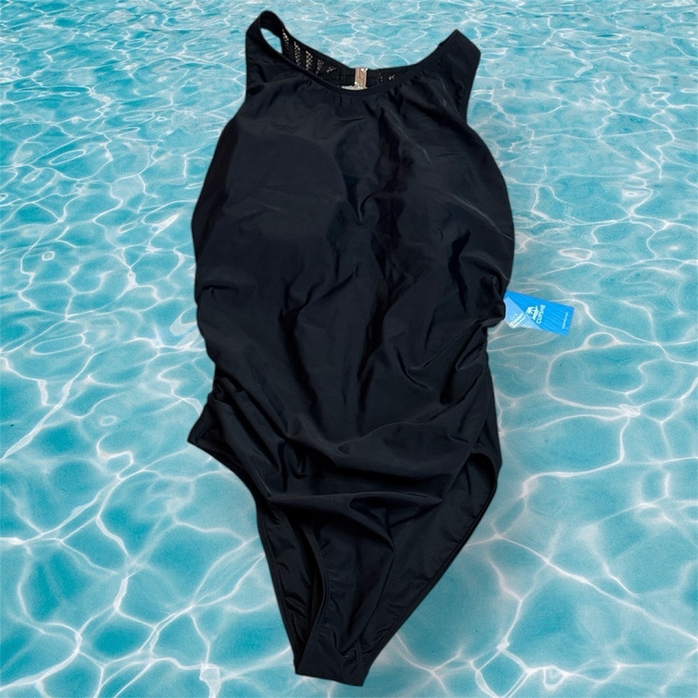 NWT Cupshe Black One-Piece Swimsuit Mesh Ruched sz XL